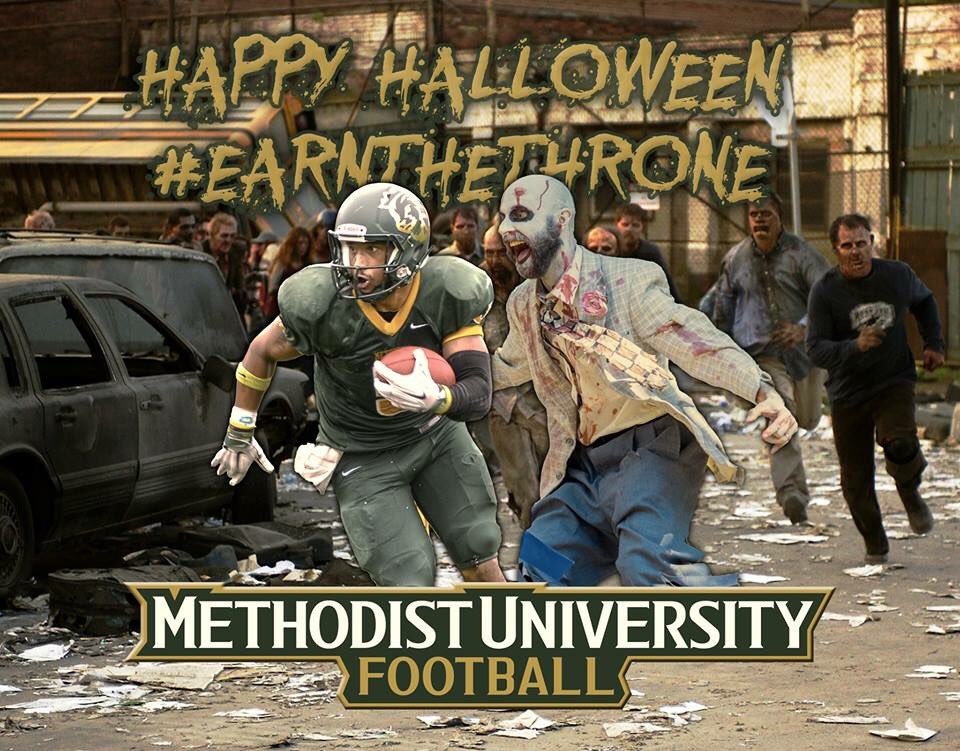 Methodist_FB's tweet photo. Happy Halloween from @Methodist_FB #gameday tomorrow!! #BeatFerrum #EarnTheThrone https://t.co/Dq8zpFSRVE