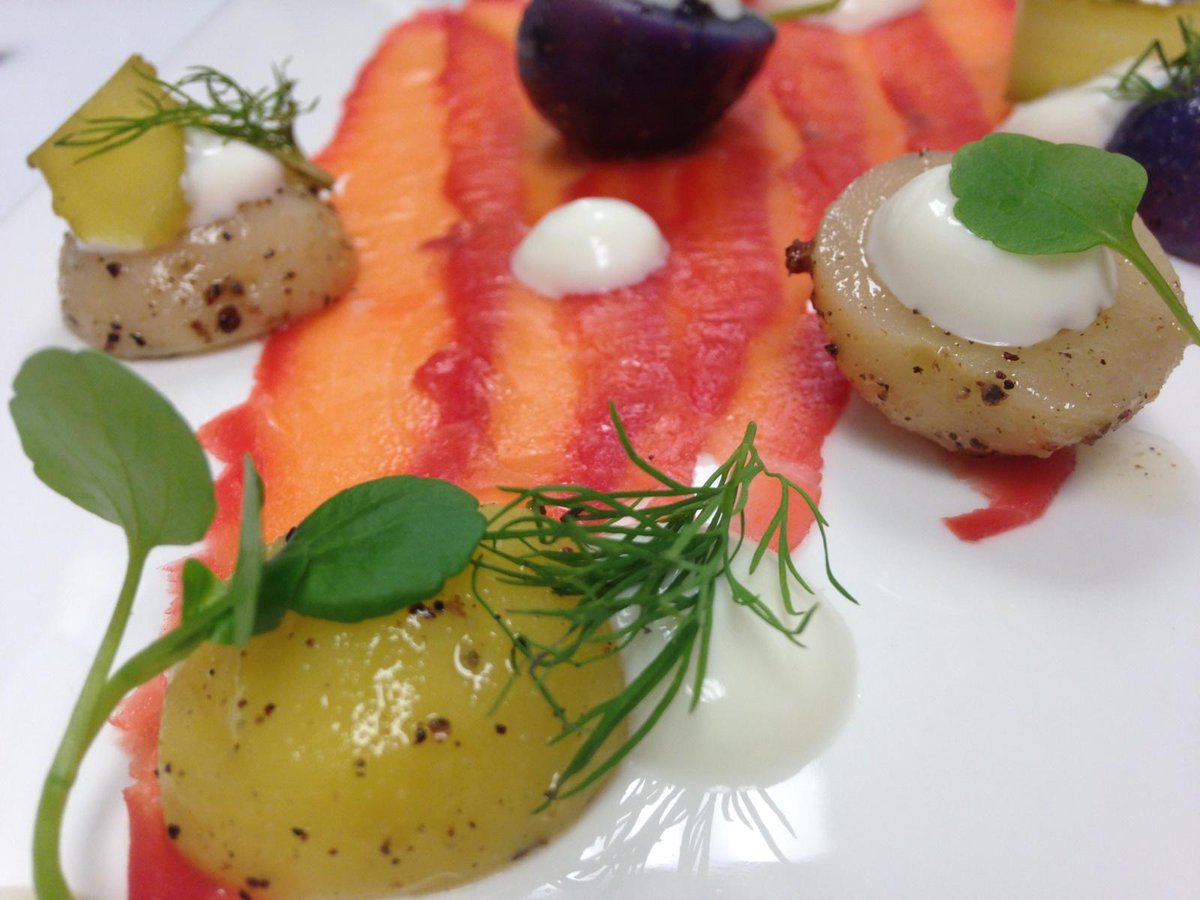 ChefDavidDunlap's tweet image. New on the Maple &amp;amp; Pine Menu: King Salmon cured with beet, smoked potatoes, dill, cultured cream
#mapleandpine