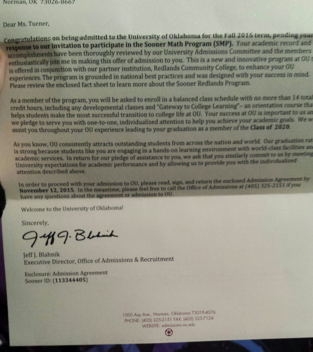 Drummerchic2226's tweet photo. Just got my admission letter from @UofOklahoma I'm officially admitted to OU!! #OUclassof2020 https://t.co/liphmRAuPp