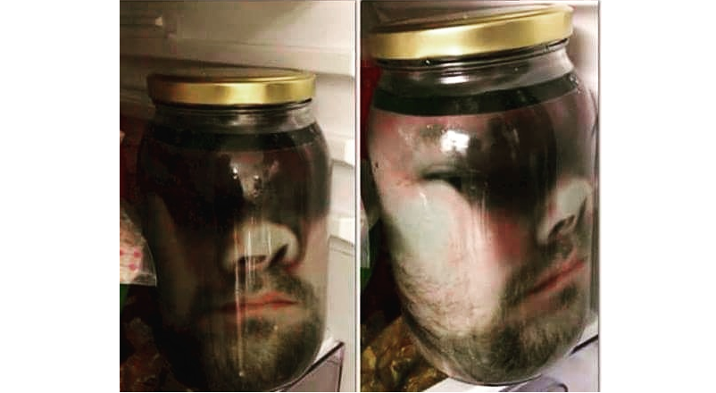 ChefProps's tweet photo. Kitchen Prank: Press face against glass, take picture, print picture, laminate, put in mason jar &amp; place in fridge. https://t.co/gIFQYNHqe4