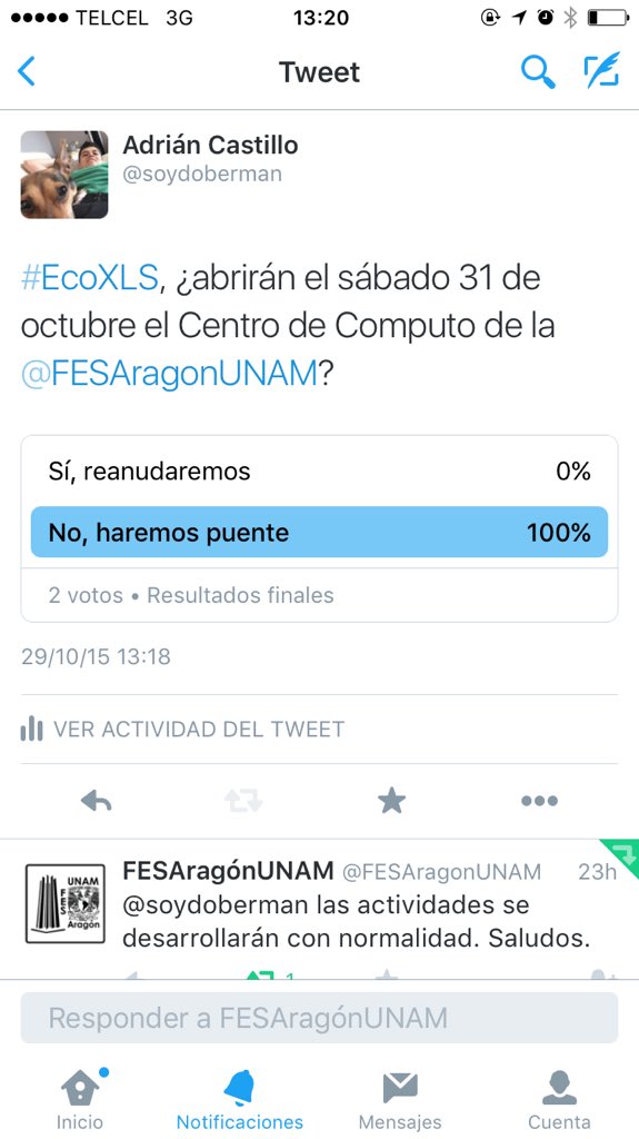 soydoberman's tweet photo. Hola #EcoXLS, mañana 31 de octubre SÍ habrá curso, confirmo mi asistencia (encuesta no representativa). Saludos!! https://t.co/FcRWsYmsjT