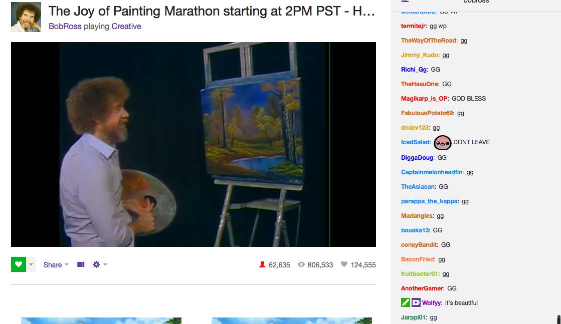 chrisloge's tweet photo. Twitch throws out the GG every time @BobRoss finishes a painting lol #FREEBOB @TwitchCreates #twitchcreates https://t.co/GqCm4lky1N