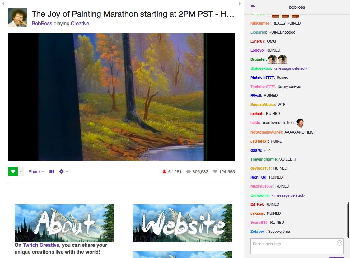 chrisloge's tweet photo. Twitch also losing it whenever @BobRoss does something crazy #FREEBOB @twitchcreates #twitchcreates https://t.co/My9YKCRsns