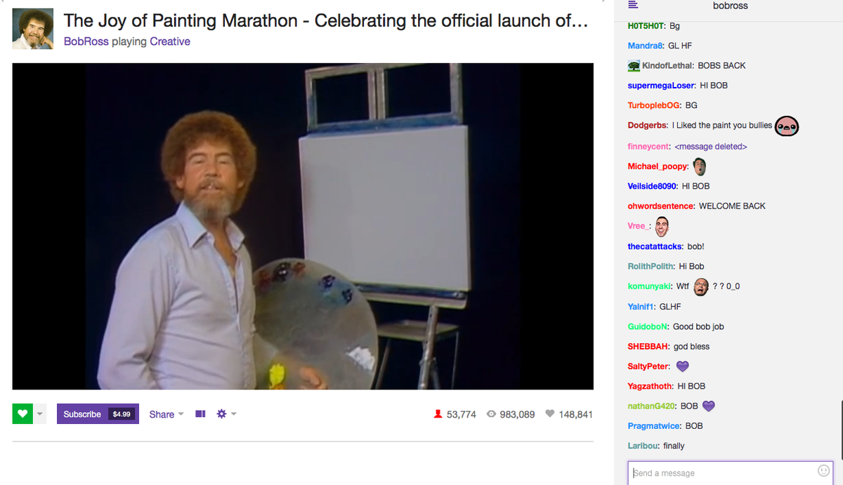 chrisloge's tweet photo. Bob's back! look how happy @Twitch is! #FREEBOB #BobRoss https://t.co/sgxZ4bYWNk