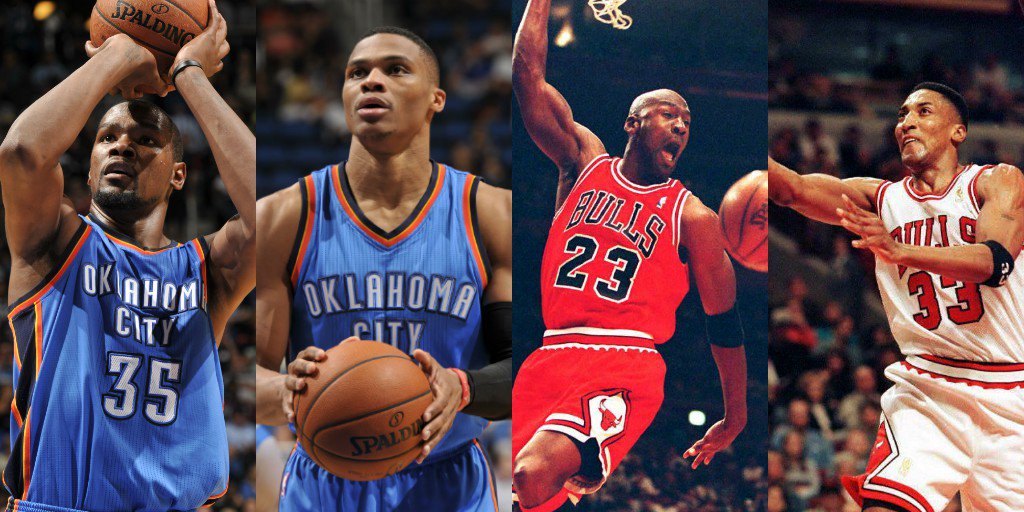 ESPNNBA's tweet photo. Durant &amp; Westbrook each finished with 40+ points in Thunder's win. Last other duo to do that? MJ &amp; Scottie. https://t.co/tr0RDqW3Y6