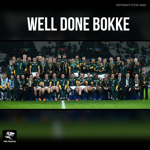 SharksRugby's tweet photo. Well done @Springboks for the strong finish in the #RWC2015 #HomeGroundAdvantage #proudlysouthafrican https://t.co/O44M7HaGCj