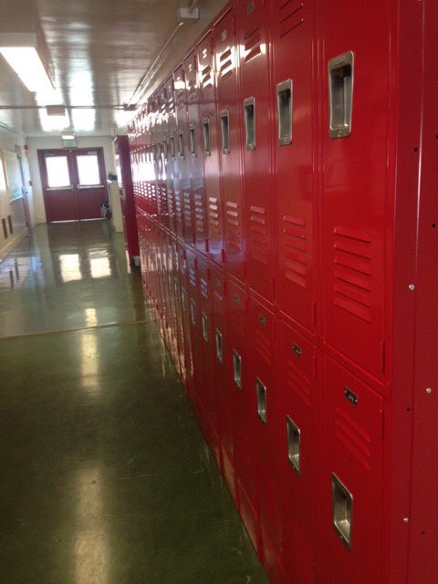 PACSMcK's tweet photo. PACS student locker assignments! Mustang red!!! Sweet. #petk12 @mikerides @PACSJackson @PACSAyala @MrHarrisABC https://t.co/yMC6GIFZSz