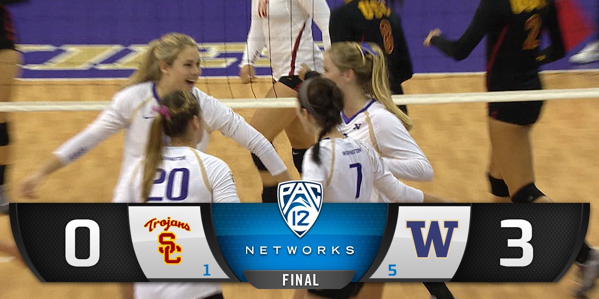 Pac12Network's tweet photo. THAT SWEEP OF NO. 1, THOUGH!!! 

No. 5 @UWVolleyball hands USC its first loss of the season! #Pac12VB https://t.co/TFlPc3pKkB