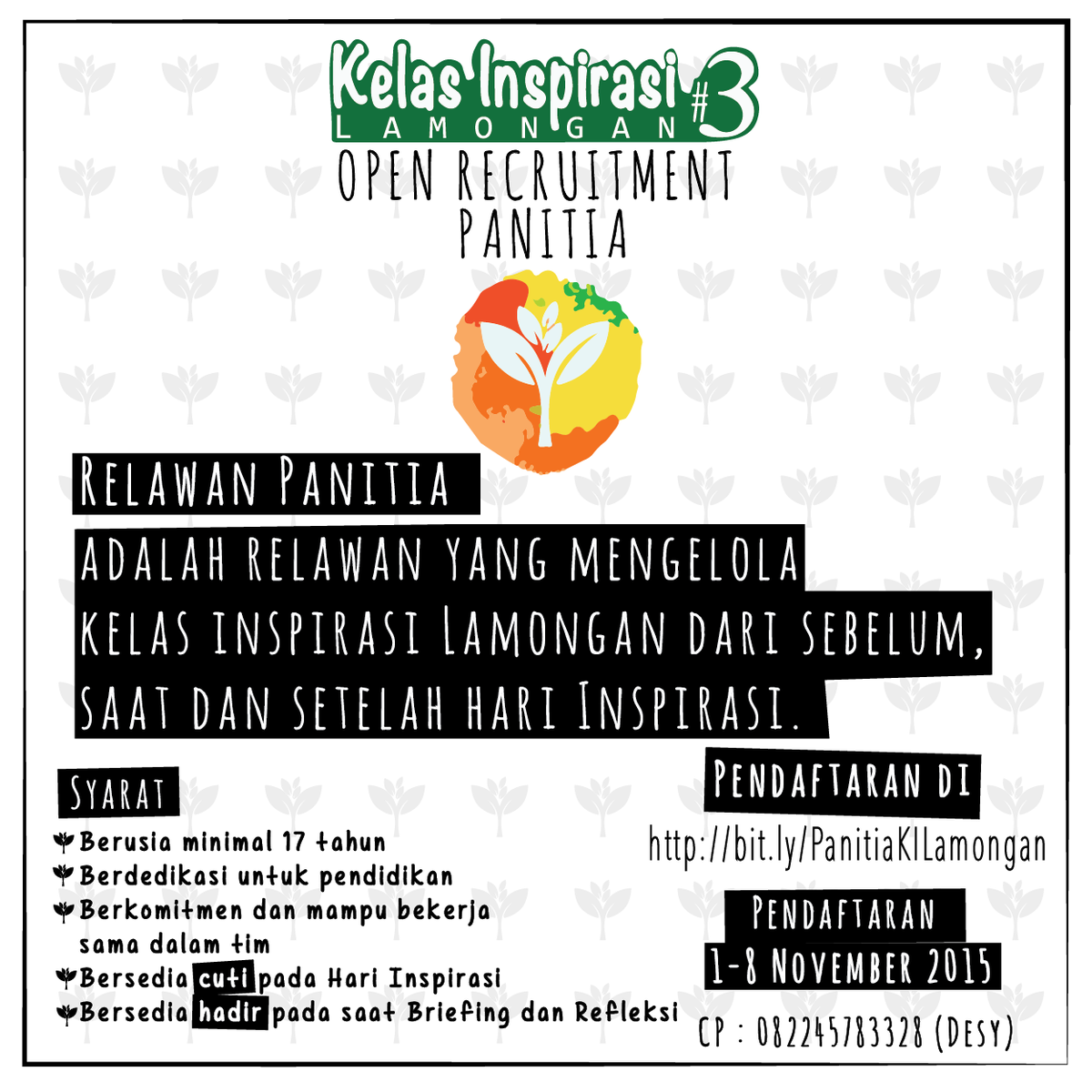 Dibuka kesempatan untuk berpartisipasi dalam penyelenggaraan Kelas Inspirasi Lamongan sebagai PANITIA.