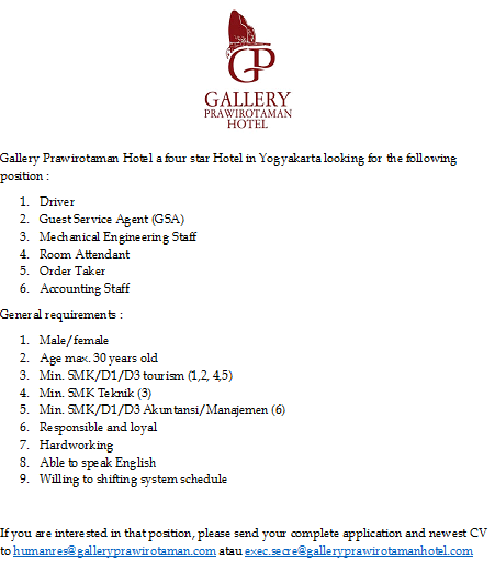 HR_GPH's tweet photo. @JogjaUpdate Gallery Prawirotaman Hotel is looking for some positions, please see our attachment below #lowkerjogja https://t.co/K1jAj0l3tk