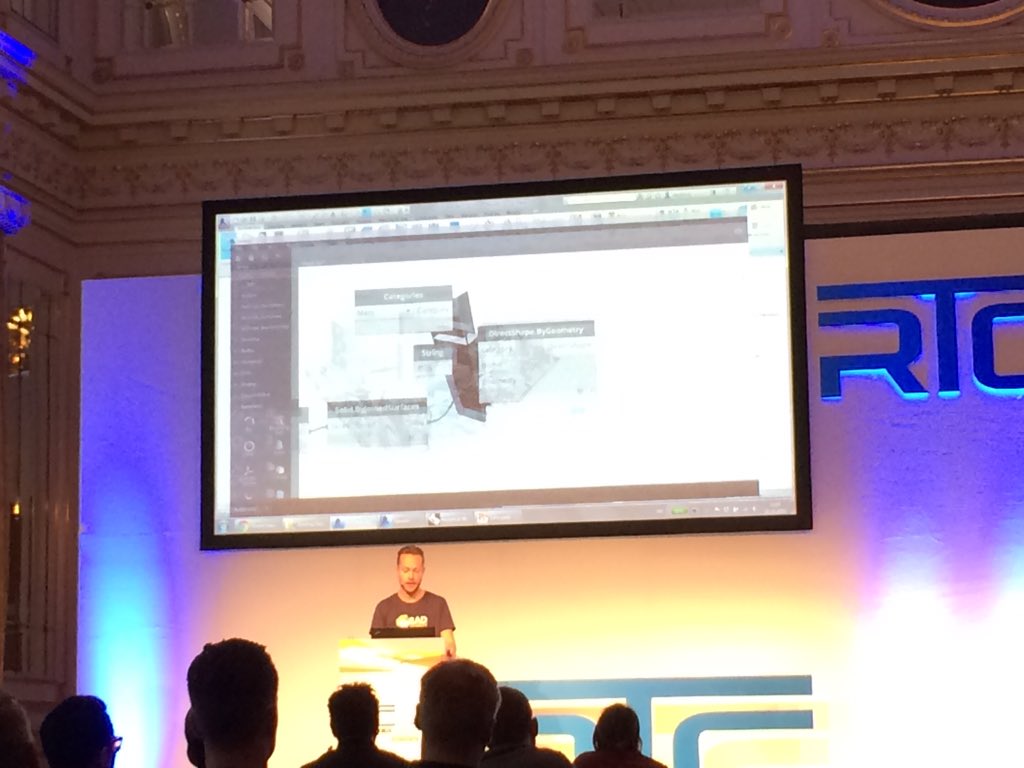 a_dieckmann's tweet photo. .@vasshaug live-linking #gh3d #DynamoBIM &amp; #Revit using #MantisShrimp &amp; #SpringNodes making DirectShapes @ #RTCEUR https://t.co/ESYySbUizU