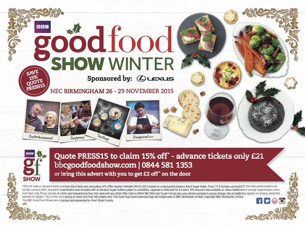 WhatsOnBrum's tweet photo. #WIN! 2 tickets to @BBCGoodFoodShow at @thenec 26-29 Nov! RT/FOLLOW by 9/11 
15% OFF TIXS> : https://t.co/0CazIBjjJA https://t.co/CtuONTJZMx