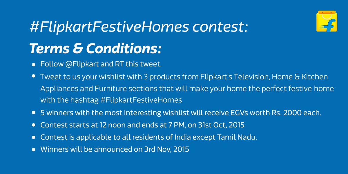 Flipkart's tweet photo. Here's what you need to do to participate in the #FlipkartFestiveHomes contest! EGVs worth Rs. 2000 to be won! https://t.co/Jp3NOaJMZD