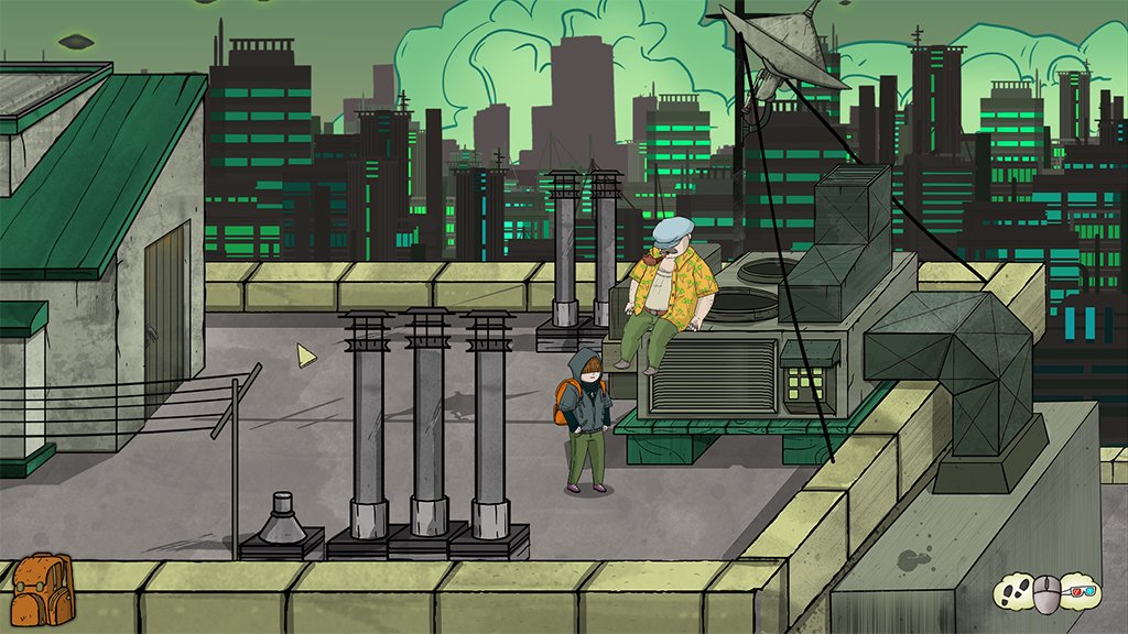 MechanicMoon's tweet photo. What's going on the roof? Find out in #speakofthecloud #screenshotsaturday #gamedev #indiedev #graphicadventure https://t.co/tAoZrARaJB