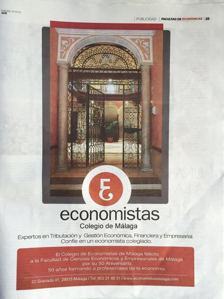 Nuestro Colegio en el Especial 50 Aniversario sobre la Facultad de Económicas <a href="/FCEEUMA/">Facultad Económicas</a> <a href="/InfoUMA/">Universidad de Málaga</a> que edita <a href="/DiarioSUR/">SUR. El periódico de Málaga</a>