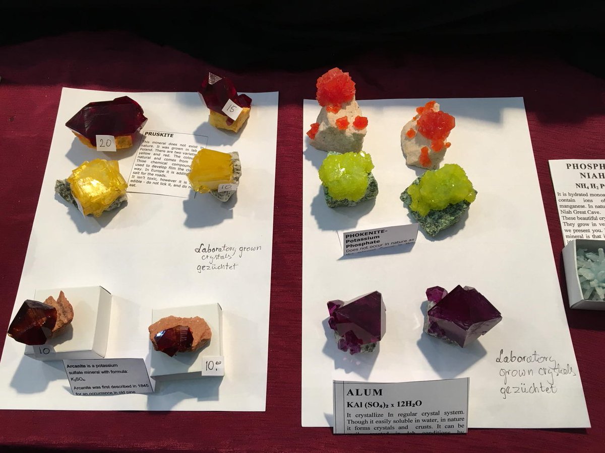 Some colourful artificially grown crystals including Alum at the Munich Mineral show