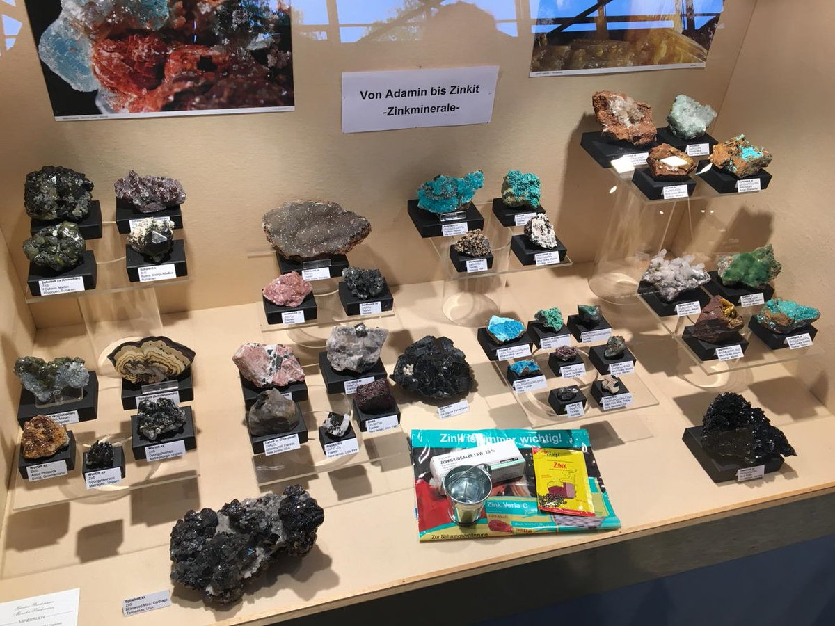 Display on Zinc minerals including #smithsonite and sphalerite. #munichmineralshow