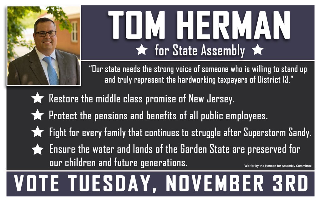 TakeBack13's tweet photo. Let your voice be heard this Tuesday.  Vote Tom Herman for Assembly in LD 13.  @NJEA @MCEA_NJ @MiddletownDems https://t.co/lMPhBo4iJH