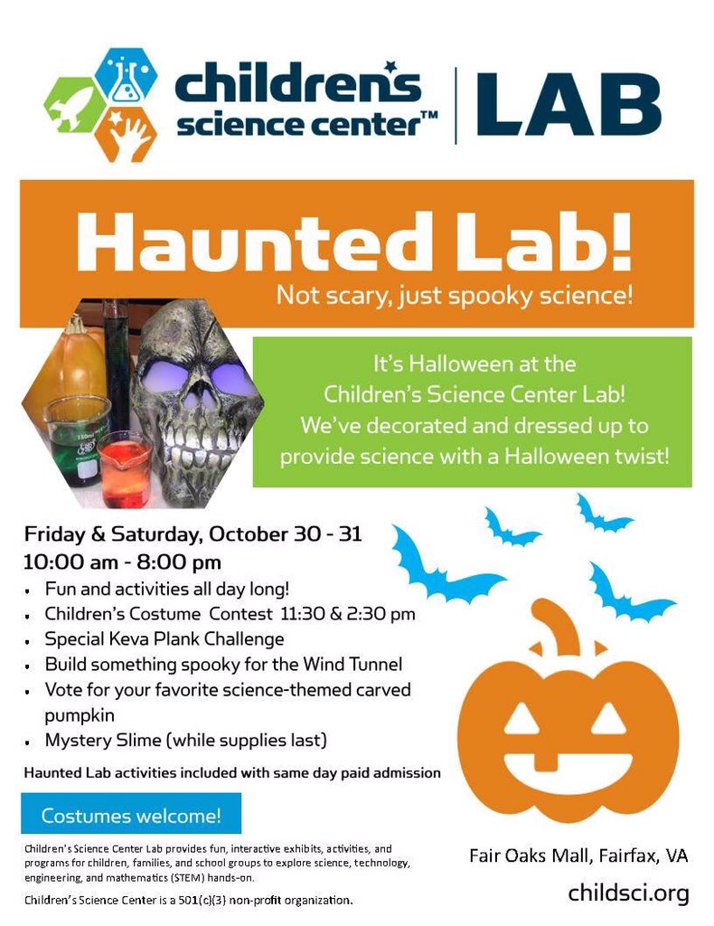 ChildSci's tweet photo. Haunted Lab today 10-8pm. Not scary, just spooky science! #childsci #hauntedlab #SpookyScience https://t.co/FIAI8SXClS