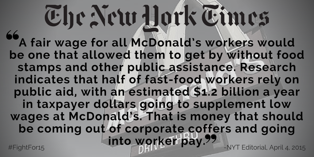FightForAUnion's tweet photo. Poverty wages at McDonald's cost us all $1.2 Billion/year. We say that's not right. The @nytimes agrees #FightFor15 https://t.co/Zl0Wvsewjy