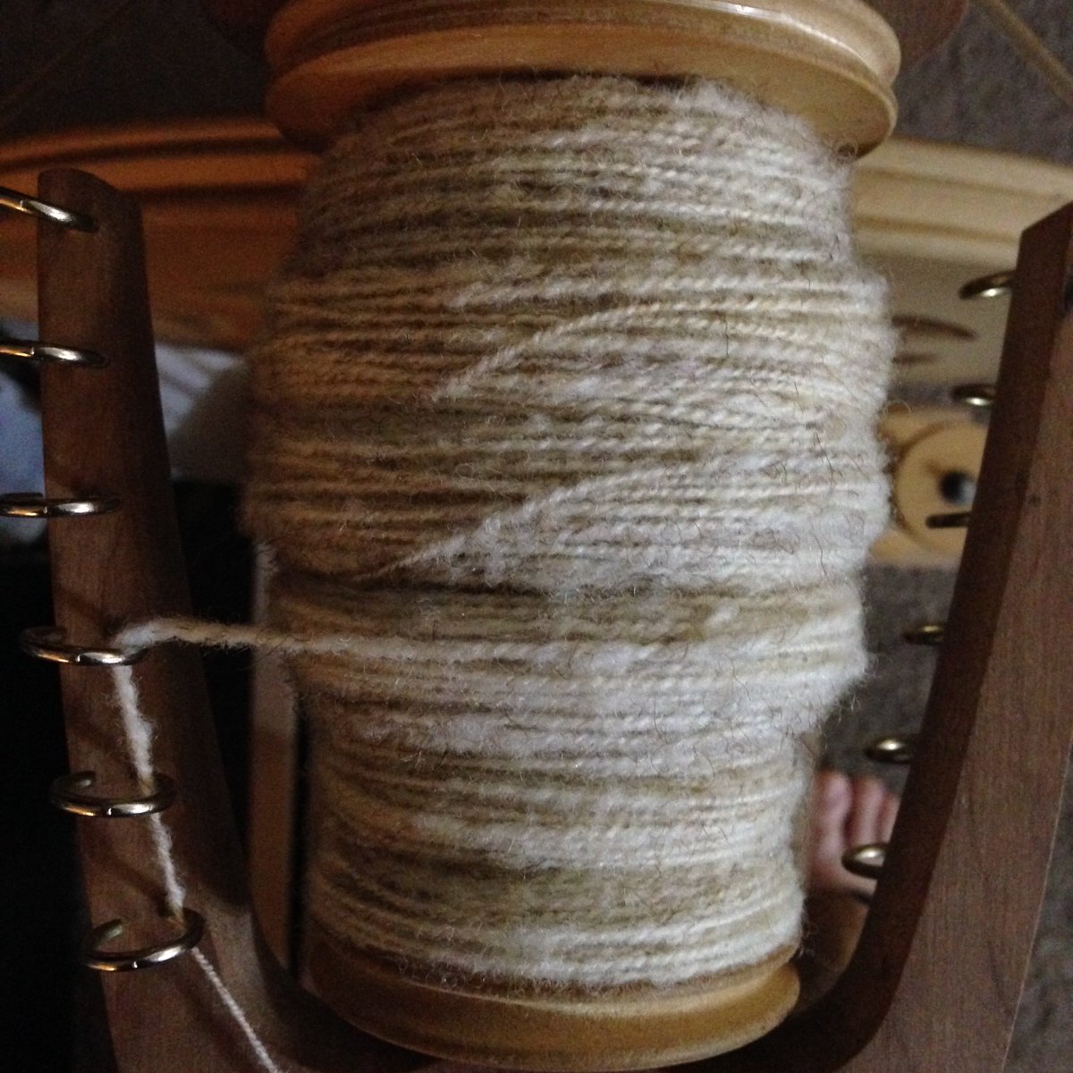 RCozyKnits's tweet photo. I'm about 2/3rd through plying this last bobbin. #handspinning #calred #wool https://t.co/5Pm8Jo0zq5