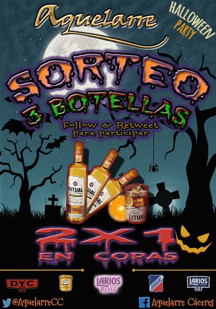 AquelarreCC's tweet photo. Ven esta noche a @AquelarreCC y lo pasadas de miedo!!👻🎃 SORTEAMOS 3 BOTELLAS DE #RonRitual!! Haz RT y participa!!💀👹👽 https://t.co/QBcaxXDgVn