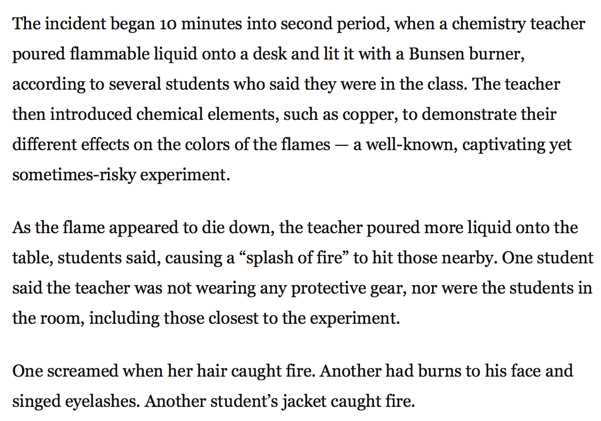 CommunityChem's tweet image. Six injured at #WoodsonHS. No PPE, solvent poured onto a desk, flammable liquid poured into fire??? #safetyfirst