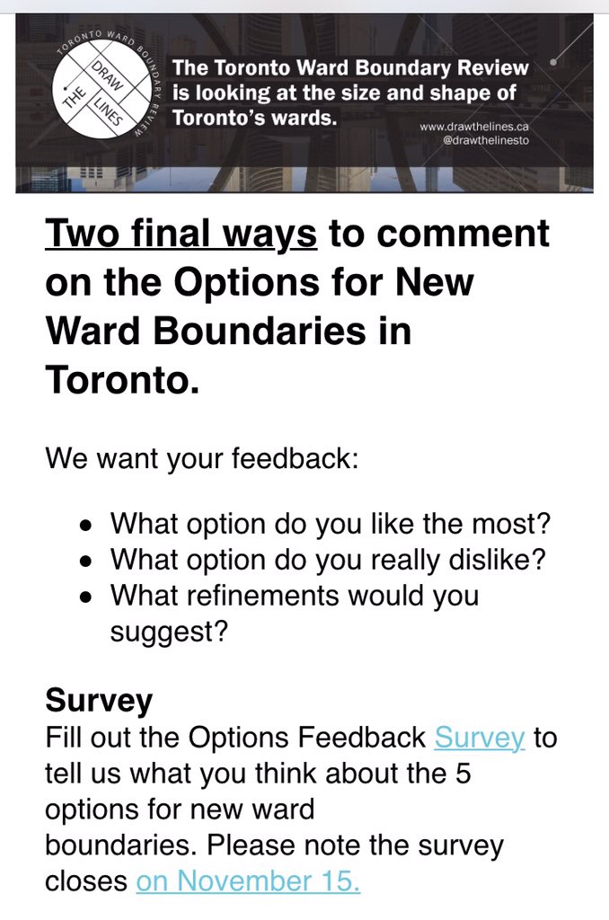 BVAssociation's tweet photo. 2 finals ways to participate in Toronto Ward Boundary Review https://t.co/C5kXWkXT3o #topoli @DrawtheLinesTO https://t.co/GiVZG2GiL1