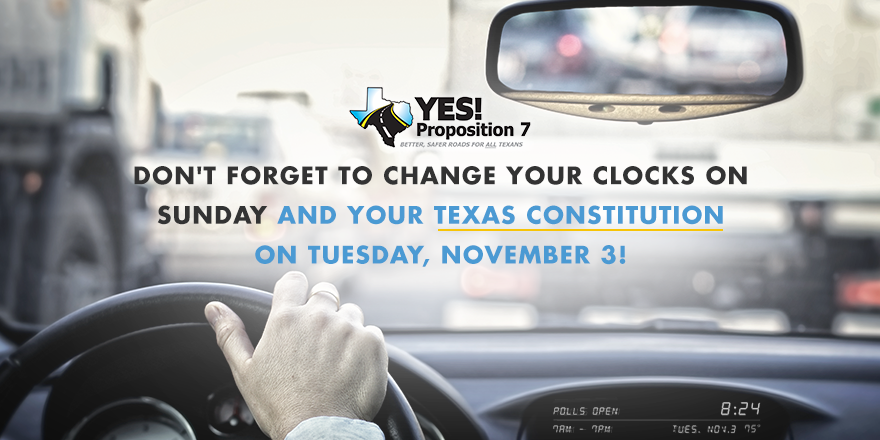 TexansForProp7's tweet photo. Don't forget to change your clocks on Sunday and your Texas Constitution on Tuesday, Nov 3! https://t.co/jNkh41Iaqn https://t.co/Chbj4a5Ljb