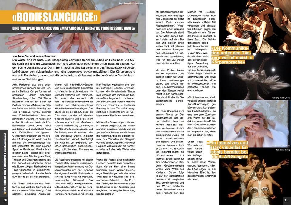 matanicola's tweet photo. Great double page review on "bodieSLANGuage" by Anne Zander &amp; Jonas Straumann on @hearZONE Magazine - Oct15 issue. https://t.co/FEuJB0sopd