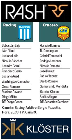 #Tuitequipo A las 20.30, en Avellaneda, #Racing #Crucero Dirige Pezzotta <a href="/canal9oficial/">El Nueve</a> <a href="/RashJeans/">Rash</a> RT <a href="/Comu_Racing/">La Comu de Racing 🎓</a>