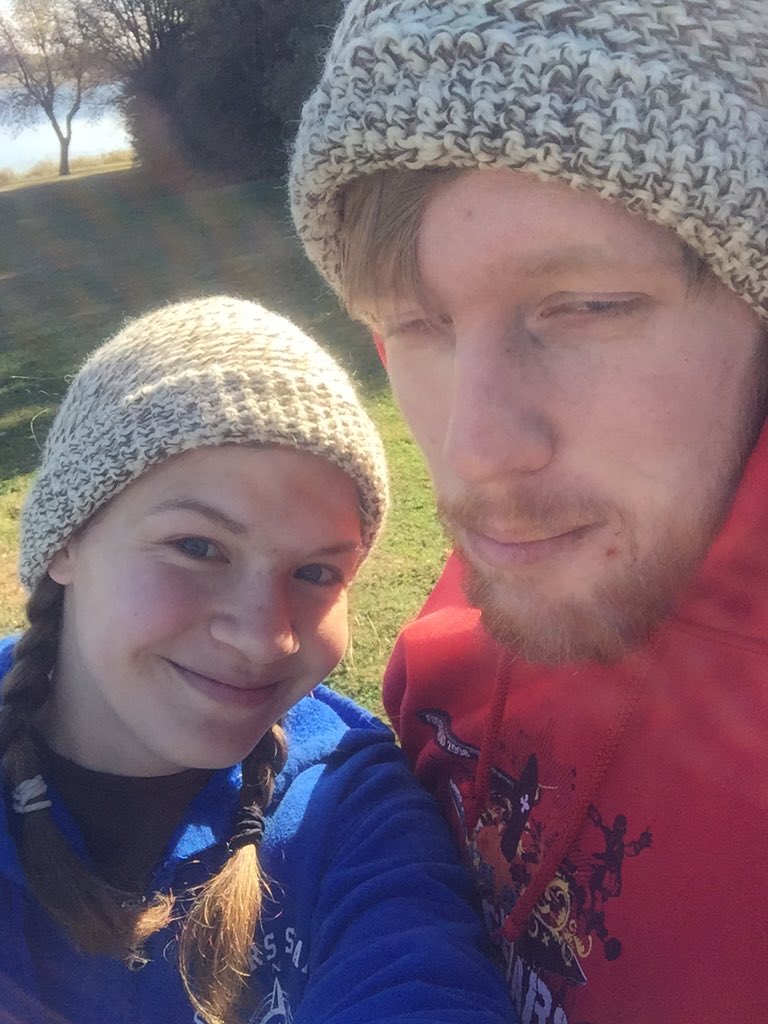 #DiscGolf selfie wearing the #crochet hats I made. Lol James looks so thrilled. #discgolfcouple