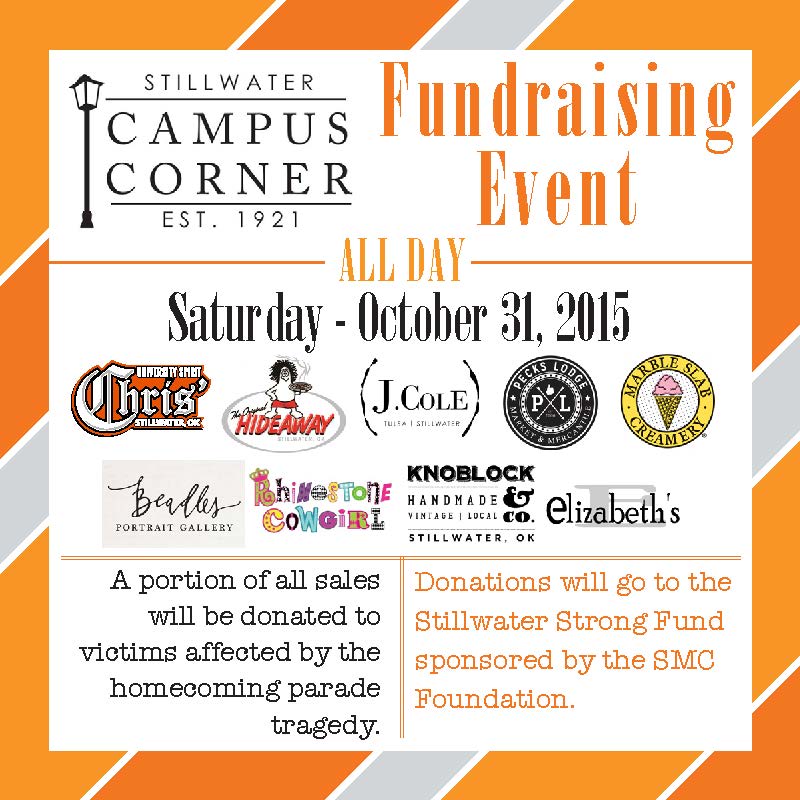 OKStateAlumni's tweet photo. Campus Corner Fundraising Event today benefiting #StillwaterStrong fund. Shop and support! #OKState https://t.co/0cQ8UMRVQq