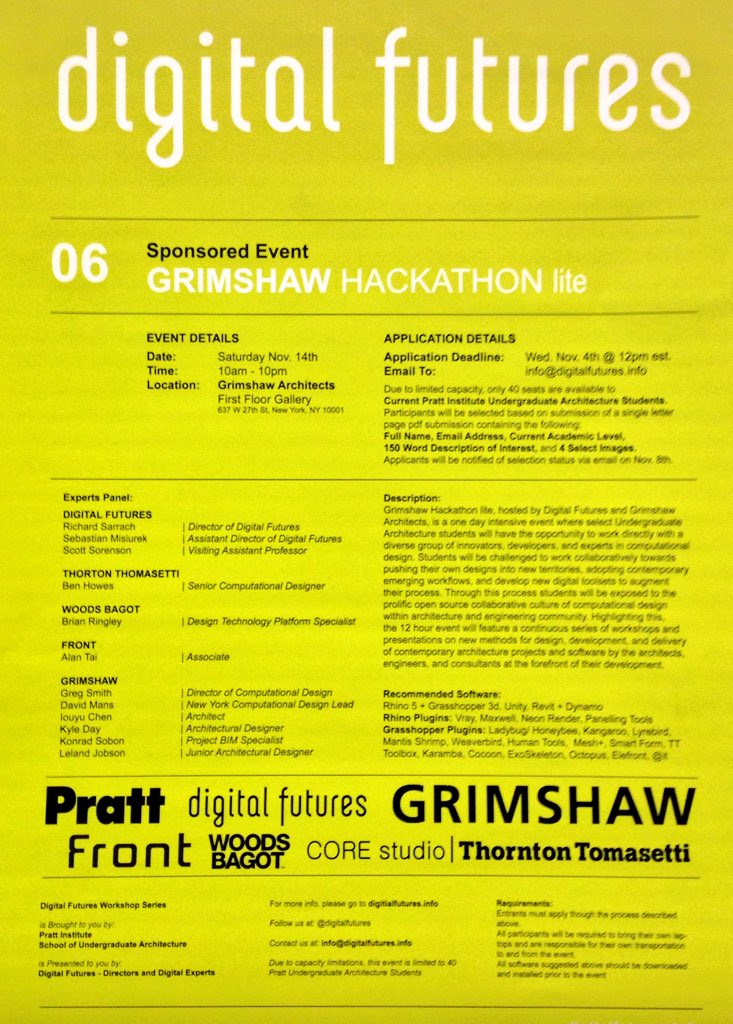 Brian Ringley (@brianringley) on Twitter photo #PrattSOA undergrads apply now to participate in the <a href="/digitalfutures/">digitalfutures</a> hackathon hosted by <a href="/GrimshawArch/">Grimshaw Architects</a> #PrattSOA undergrads apply now to participate in the <a href="/digitalfutures/">digitalfutures</a> hackathon hosted by <a href="/GrimshawArch/">Grimshaw Architects</a>
