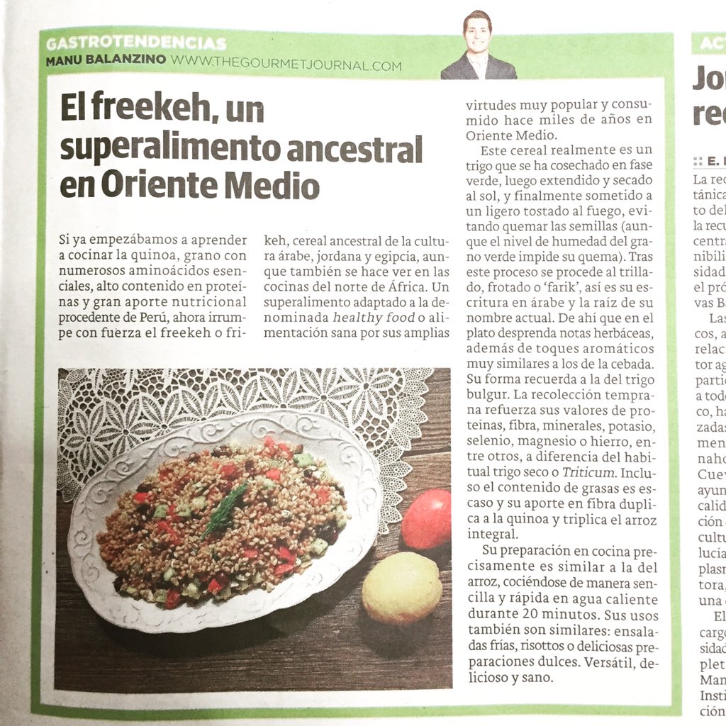 gourmetjournal's tweet photo. Hoy en el suplemento de #gastronomía de @diariosur, les descubro el "freekeh", un superalimento ancestral. https://t.co/6XDInrn952