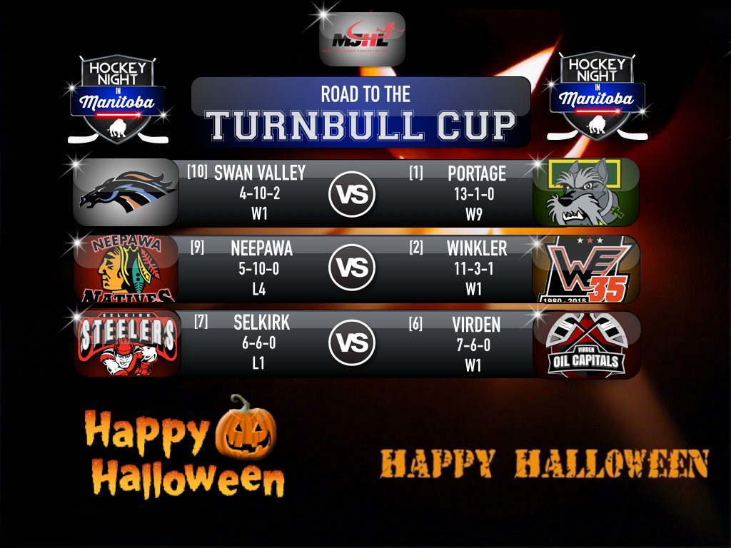HockeyNight_MB's tweet photo. #HNIM @mjhlhockey Matchup:
#Stampeders vs #Terriers
#Natives vs #Flyers
#Steelers vs #OilCaps
#HappyHalloween https://t.co/fzKmIkirY8