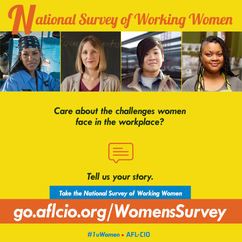 WorkingAmerica's tweet photo. Hey #1uWomen! Share your thoughts about issues important to working women. Take the survey https://t.co/M7BA6o9rqx https://t.co/BmxqZVPk33
