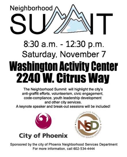 PHXNeighborhood's tweet image. Join us! Neighborhood Summit, Nov. 7 at 8:30 a.m. Learn about city services, civic engagement, code and more.