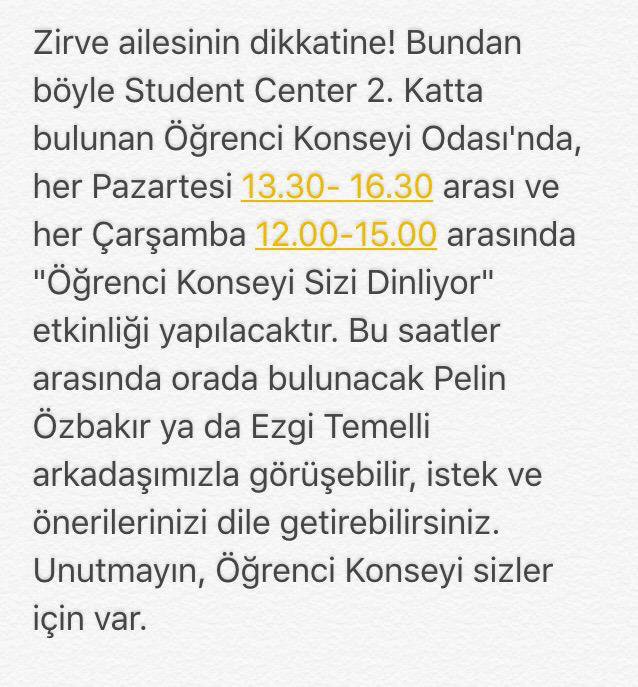 ZirveKonseyi's tweet photo. Zirve ailesinin dikkatine! Her pazartesi ve çarşamba "Öğrenci Konseyi Sizi Dinliyor" etkinliğimiz  devam ediyor. https://t.co/VmTbP5NPgM