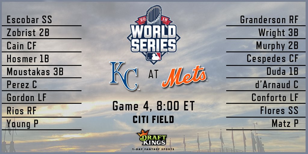 MLBReplays's tweet photo. Can @Mets tie #WorldSeries or will @Royals move one win from title? 8pm ET on FOX: https://t.co/NSsbnCD6zB #DKLineup https://t.co/O7ukSVvNDV