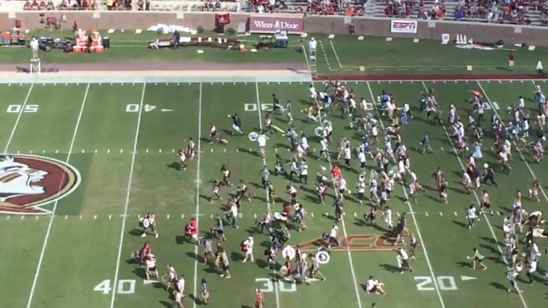 BleacherReport's tweet photo. VIDEO: FSU marching band takes the field as zombies, performs Michael Jackson’s “Thriller” https://t.co/WbWHNZyJa1 https://t.co/GhO9n0CRPe