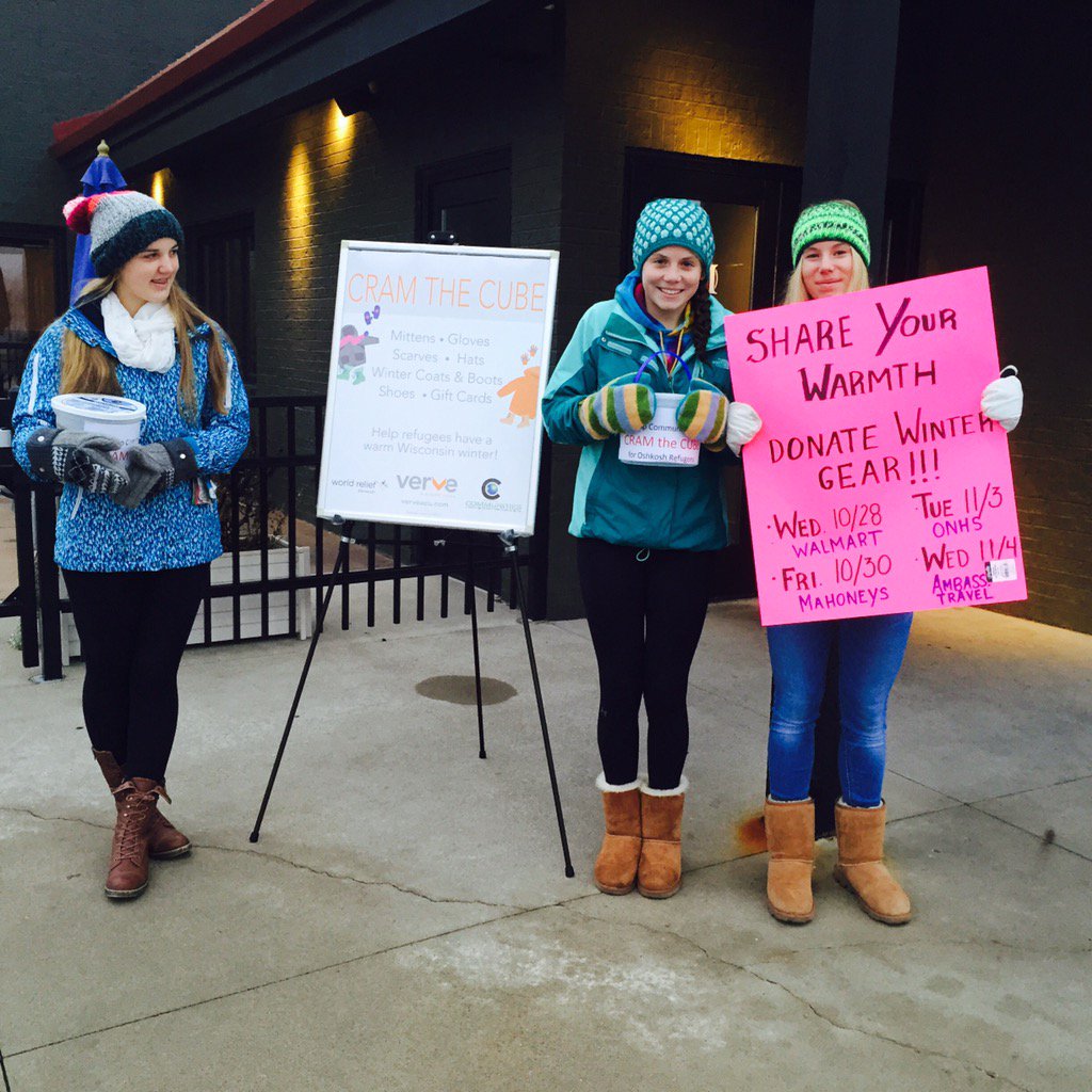 CommunitiesONHS's tweet photo. Provide locals w/ refugee experience a TREAT! Donate winter gear on 11/3 @OshkoshNorthHS Cram the @verveacu cube https://t.co/8WbAC6rc2H