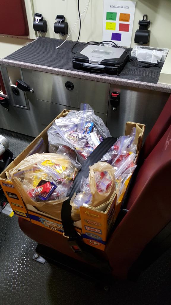 Firefighters getting ready to head out to deliver candy to all the kiddos out #trickortreating #halloween2015