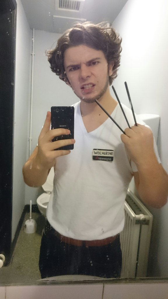 jackamond's tweet photo. Just finished my Halloween shift #loganboi https://t.co/J5uvvgJpTz