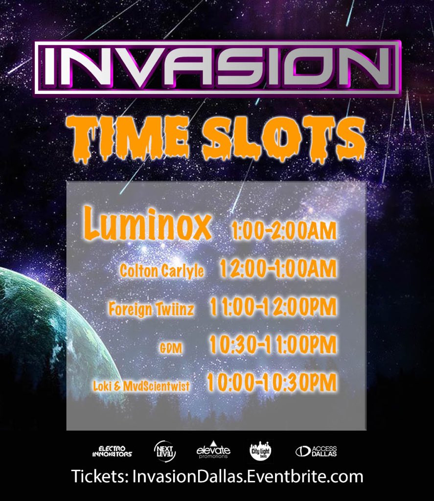Time slots for tonight!

Tickets at the door or invasiondallas.eventbrite.com