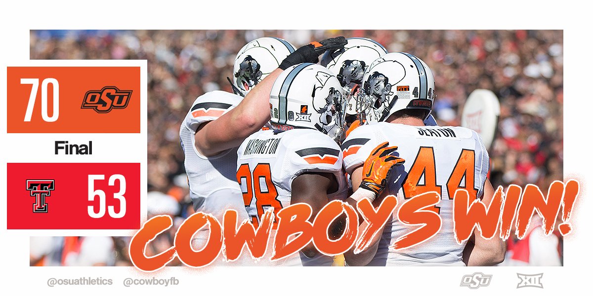 CowboyFB's tweet photo. WHAT A WIN! No. 12 #OKState rallied from three 17-point deficits to win at Texas Tech, 70-53! Your Cowboys are 8-0! https://t.co/xj8Xkad77m