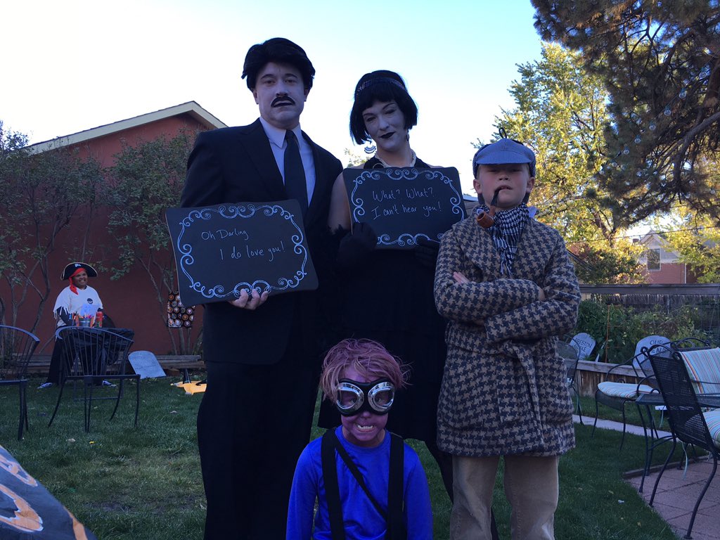 JonGettings's tweet photo. Happy Halloween from a pair of silent movie stars, a purple minion, and Sherlock Holmes. https://t.co/E7ihFJAND9