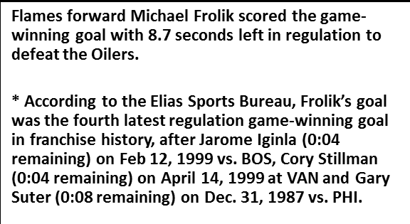 NHLPR's tweet photo. Per @EliasSports: Michael Frolik of the @NHLFlames and his game-winning goal with 0:09 remaining in regulation... https://t.co/SBPA0lMsat