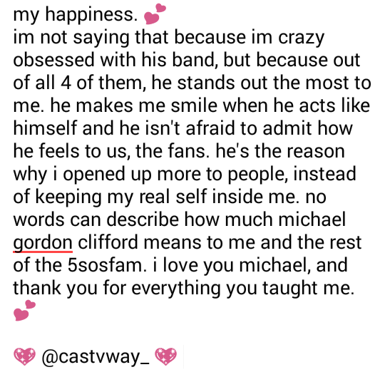dayIightx_'s tweet photo. thank you @Michael5SOS for making me feel okay about myself and embrace my true identity. 💕 https://t.co/dn626RTqUZ