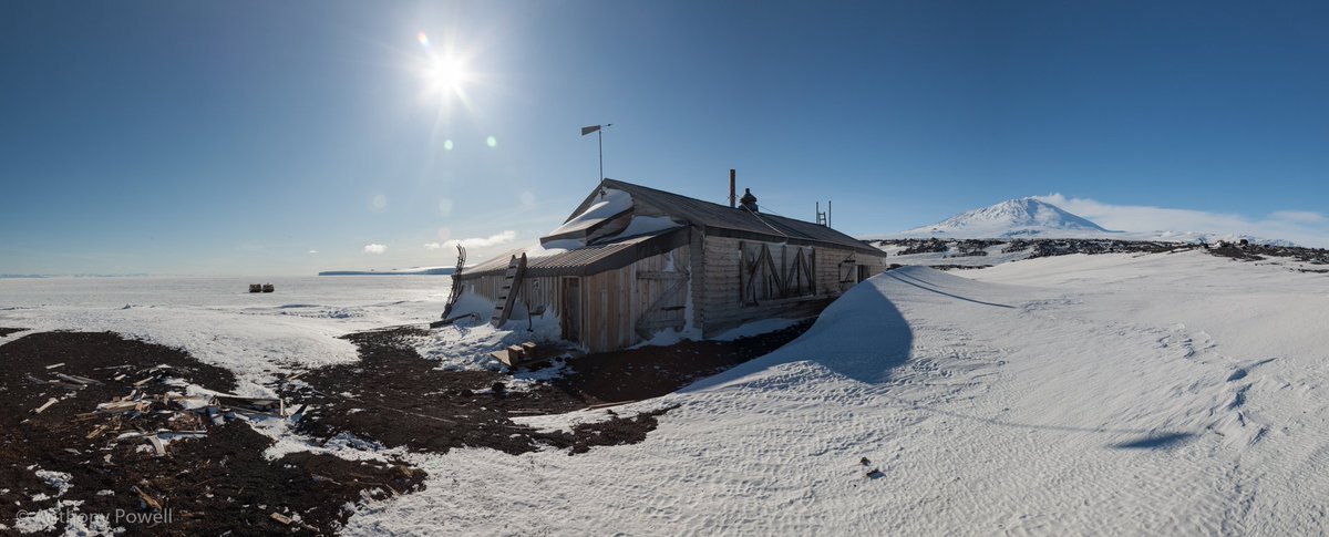 Antzkiwi's tweet photo. Panoramic view of Scott's historic hut at Cape Evans #Antarctica with Mount Erebus in the background. #FrozenSouth https://t.co/RMiriuO07C